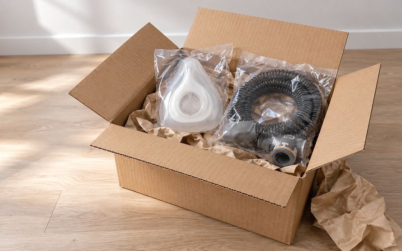 An opened cardboard delivery box on a wooden floor, holding a CPAP mask and a coiled tube, both still sealed in their factory bags.
