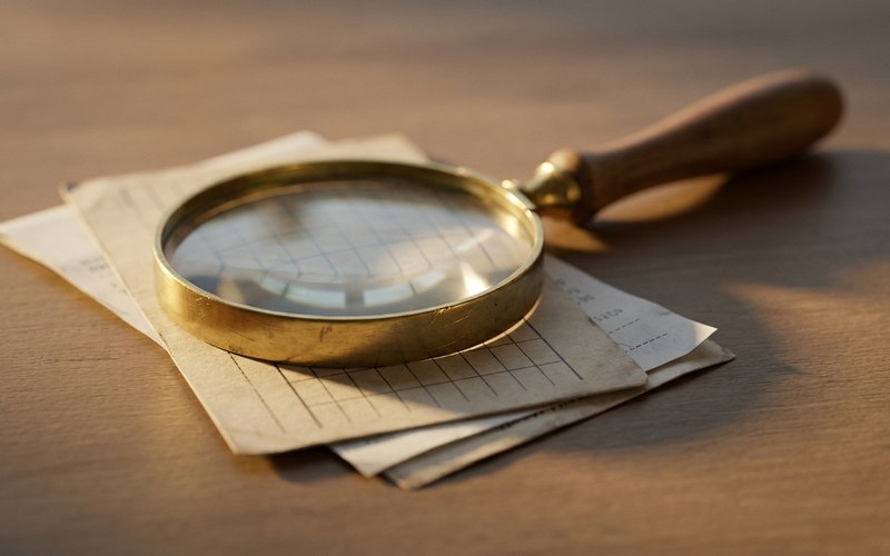 Close-up of a magnifying glass resting on handwritten inspection notes on a wooden table, symbolizing a careful check before buying a second-hand CPAP machine.