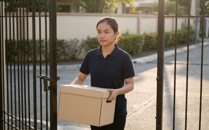 A Respyre staff member in a navy polo carrying a delivery box through the gate of a house in an Alabang or Muntinlupa subdivision.