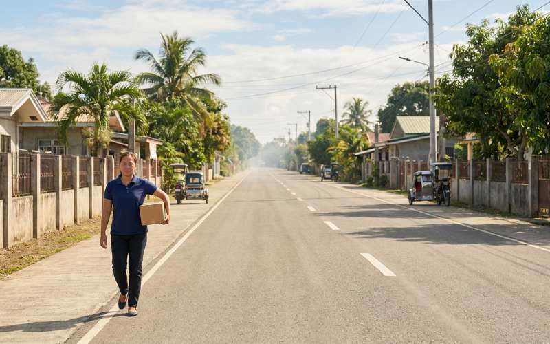 A Respyre staff member in a navy polo walking along a quiet provincial road in Cavite, carrying a delivery box past tricycles and coconut trees.