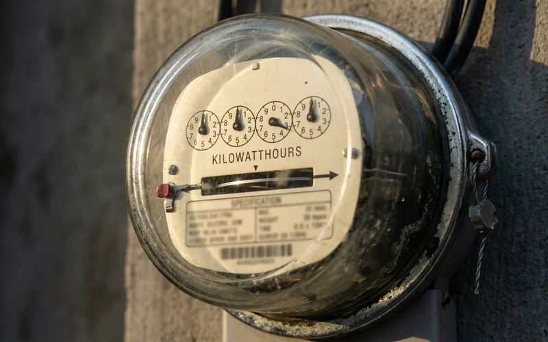Close-up of a residential electric meter showing kilowatt-hour dials mounted on an outdoor wall.