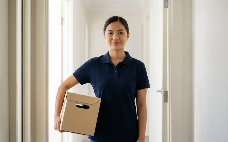 A Respyre respiratory therapist in a navy polo standing in a home hallway, holding a delivery box before a CPAP setup visit.