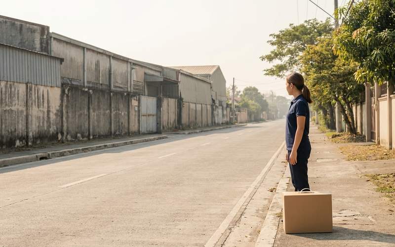 A Respyre respiratory therapist standing on a quiet Laguna industrial-estate street with a delivery box at her feet, warehouse frontages on one side and trees on the other.