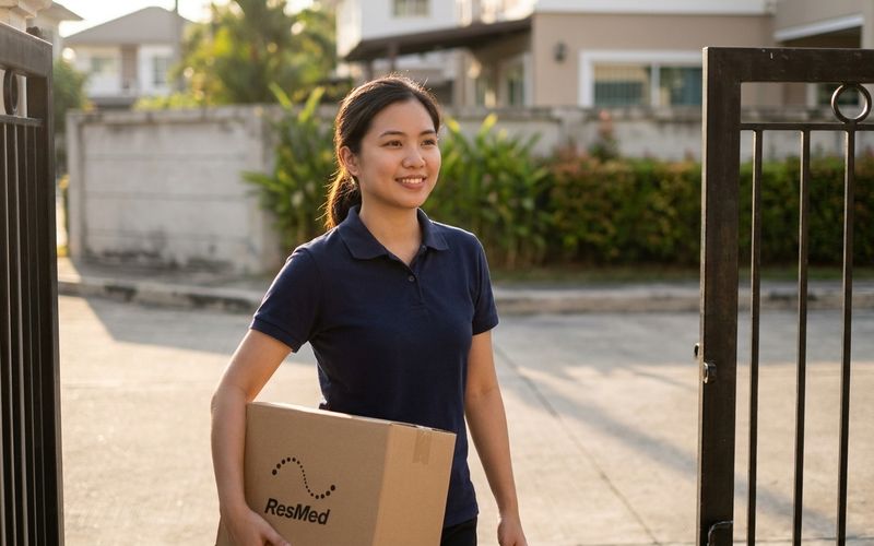 A smiling Respyre respiratory therapist in a navy polo carrying a ResMed-branded box through a gate in a Las Piñas subdivision.