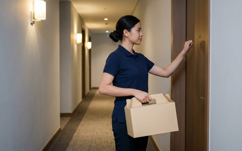 A Respyre respiratory therapist in a navy polo knocking on a condo unit door in a Makati hallway, holding a delivery box.