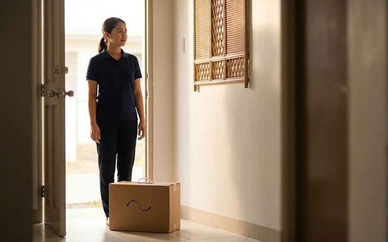 A Respyre respiratory therapist in a navy polo just inside a client’s front door, a delivery box set down at her feet in the hallway.