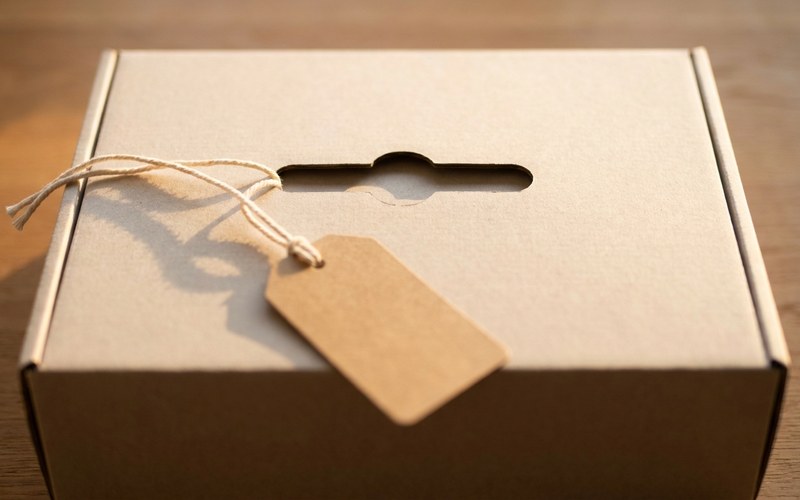 A plain cardboard box with a blank kraft-paper price tag tied to it, resting on a wooden table.