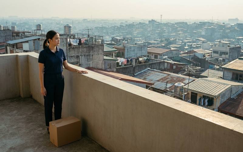 A Respyre respiratory therapist on a rooftop walkway overlooking dense Quezon City rooftops stretching to a hazy horizon, a delivery box beside her.