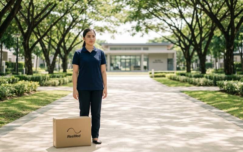 A Respyre respiratory therapist with a ResMed delivery box on a tree-lined walkway inside a Santa Rosa masterplanned community, a clubhouse in the background.