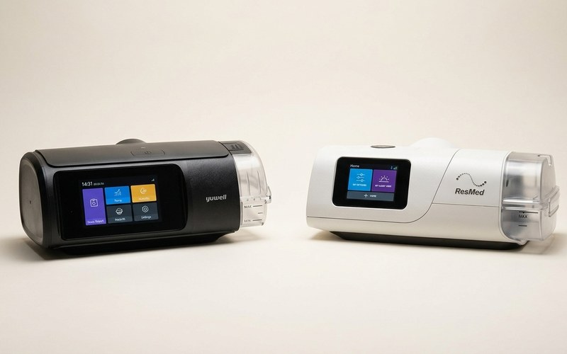 A black Yuwell CPAP machine and a white ResMed CPAP machine placed side by side on a plain background, showing their screens and branding.