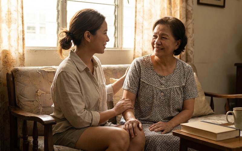 An adult daughter sitting close to her smiling elderly mother on a sofa, holding her hand in a sunlit living room.