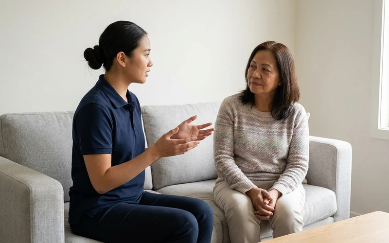 A Respyre respiratory therapist in a navy polo talking with a seated older woman on a living room sofa during a home visit.