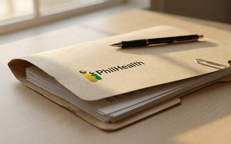 A manila claims folder with documents, a pen and a paperclip on a desk, with the PhilHealth logo printed on the folder.