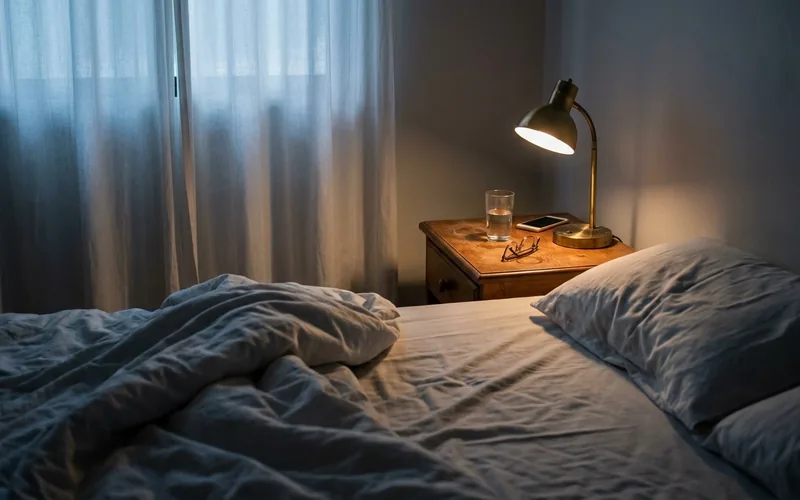 A dim bedroom nightstand with a lamp, eyeglasses, a glass of water and a phone beside an unmade bed.