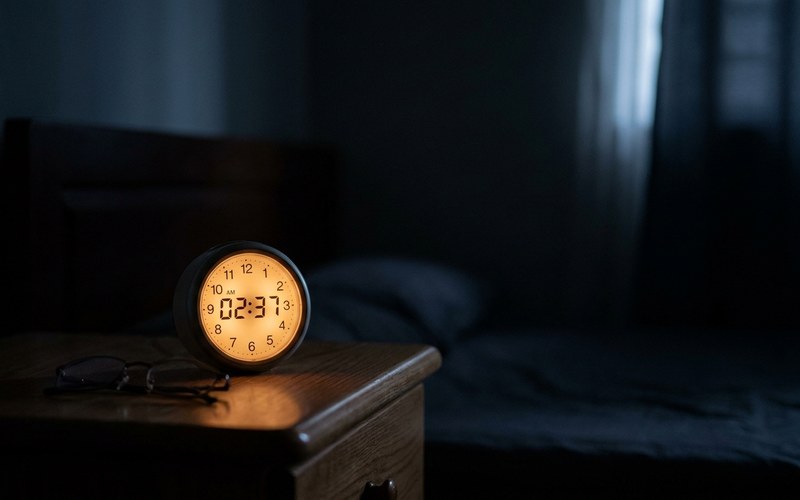 A glowing digital clock reading 2:37 AM on a dark bedroom nightstand beside a pair of eyeglasses.
