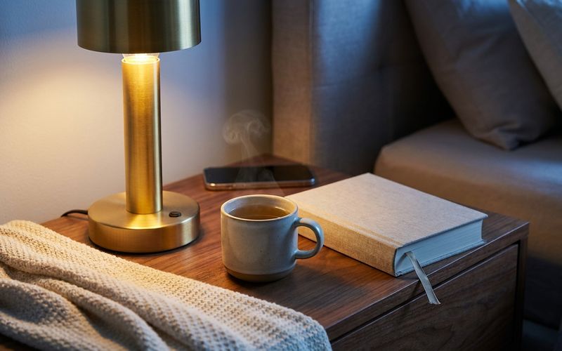 A warm bedside table with a lit brass lamp, a steaming mug of tea, a closed book, and a soft blanket.