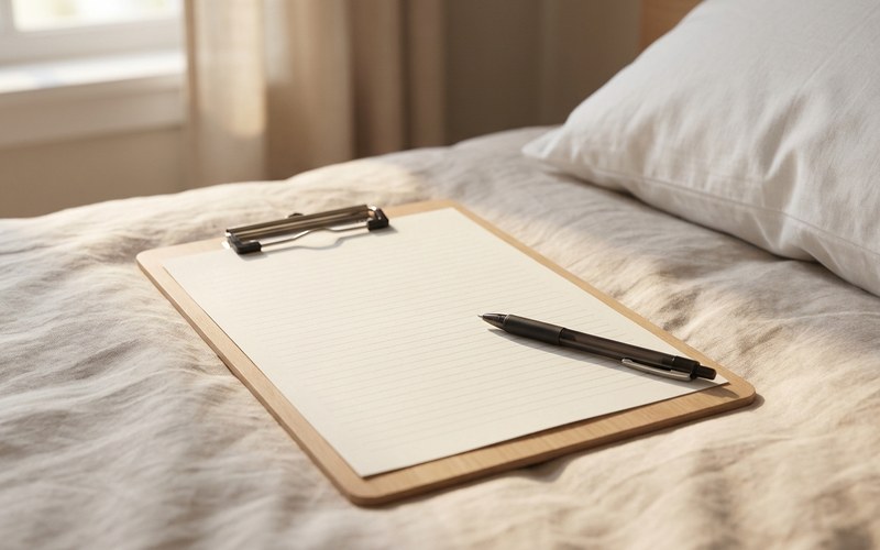 A blank clipboard with lined paper and a pen resting on a sunlit bed.