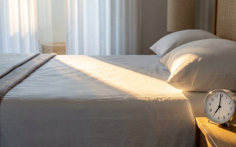 A bright, sunlit bed with white linens and a round alarm clock reading past seven o'clock.
