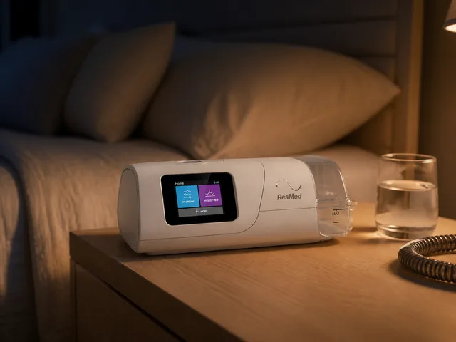 ResMed AirCurve 11 BiPAP machine on a bedside table