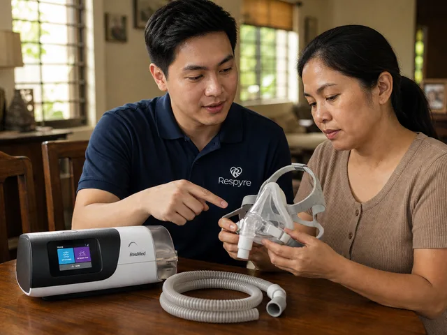A Respyre respiratory therapist in a navy polo showing a family member how to operate a home respiratory device.