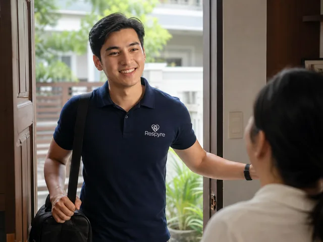 A Respyre respiratory therapist in a navy polo greeting a household at the door for a scheduled home visit.