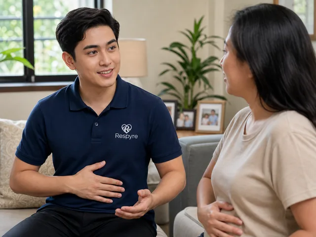 A Respyre respiratory therapist in a navy polo talking through a breathing routine with a woman in her living room.
