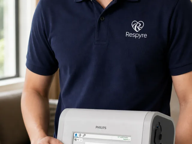 A Respyre respiratory therapist in a navy polo carrying a home ventilator unit.