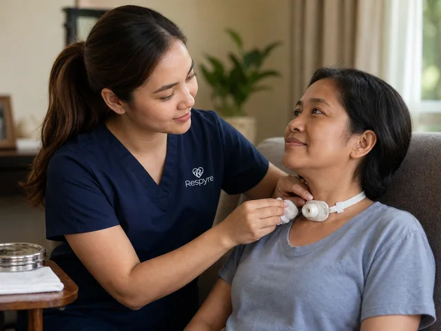 A Respyre respiratory therapist in navy scrubs checking a tracheostomy site for a seated older woman at home.