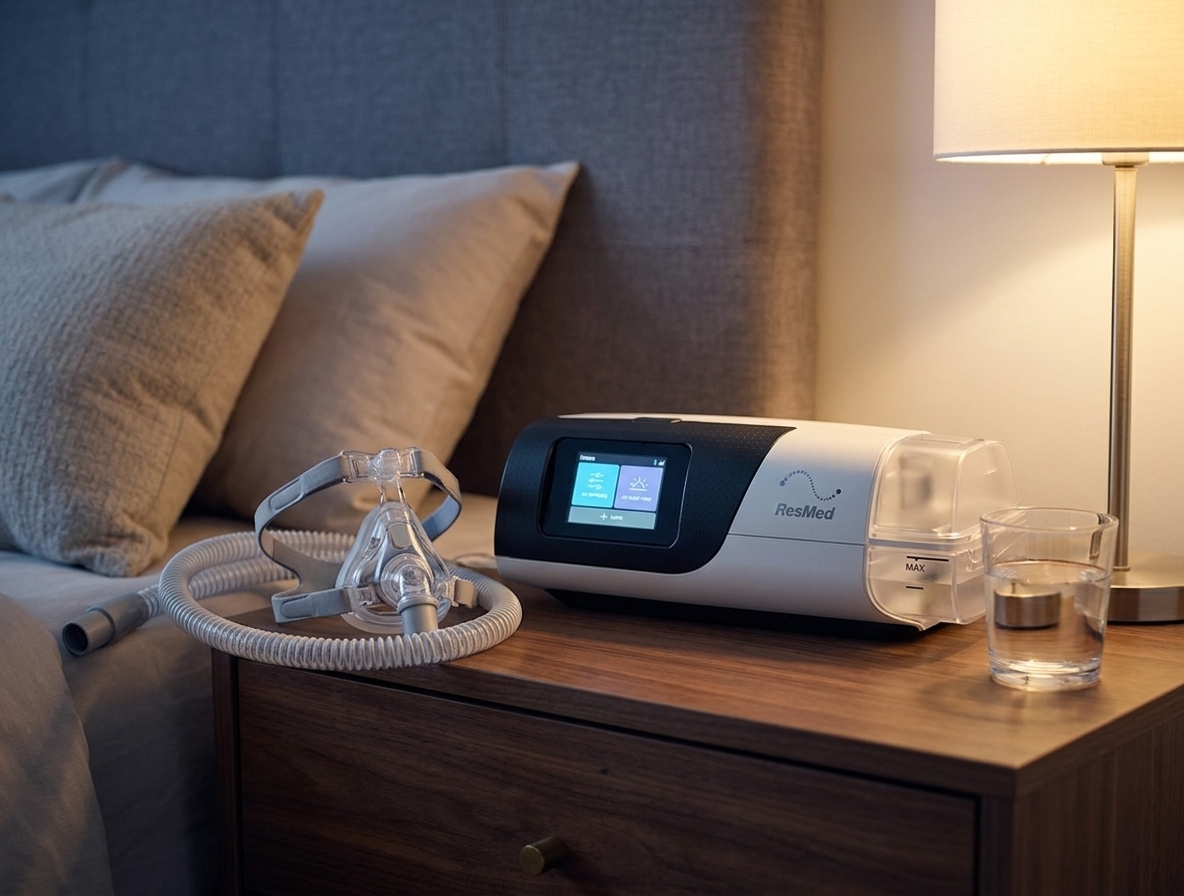 A CPAP machine set up and running on a bedside table, mask and tubing ready