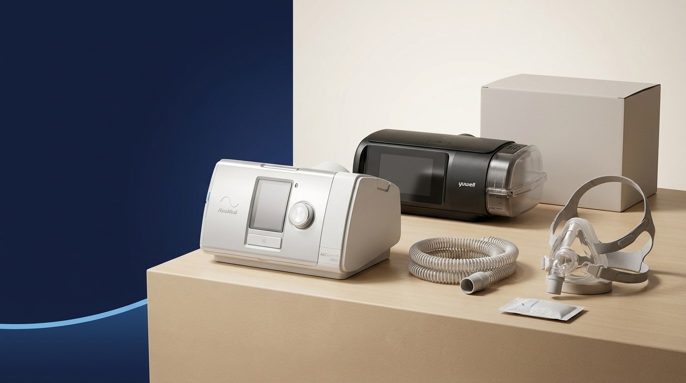 Genuine ResMed and Yuwell CPAP and BiPAP equipment, including a machine, mask, and hose, presented as warranted stock
